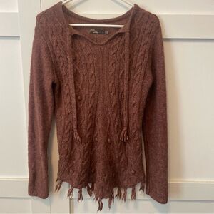 Prana Cable-Knit V-Neck Sweater in Dusty Mauve with Tassel Hem
